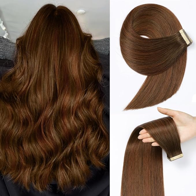 Tape in Hair Extensions Human Hair 20pcs Remy Hair Extensions 18 Inch Chestnut Brown Mixed Dark Auburn Human Hair Tape in Extensions Skin Weft Tape Extensions Human Hair (4/4/33#,18 Inch)