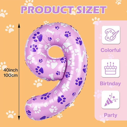 40 Inch Pink Dog Paw Balloons, Numeral 9 Birthday Balloons - Image 2