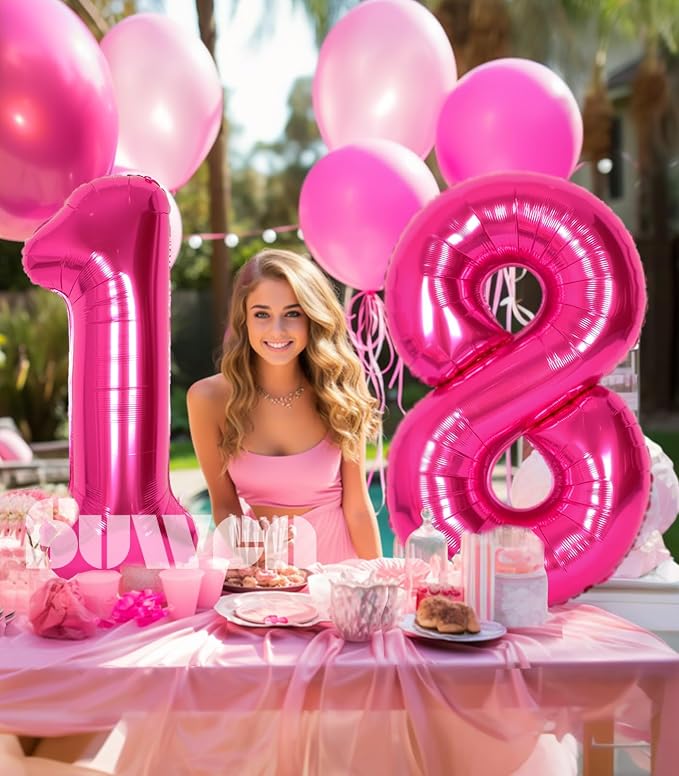 SUWEN 40 Inch Hot Pink Large 18 Number Balloons Big Foil Helium Number Balloons - Image 2