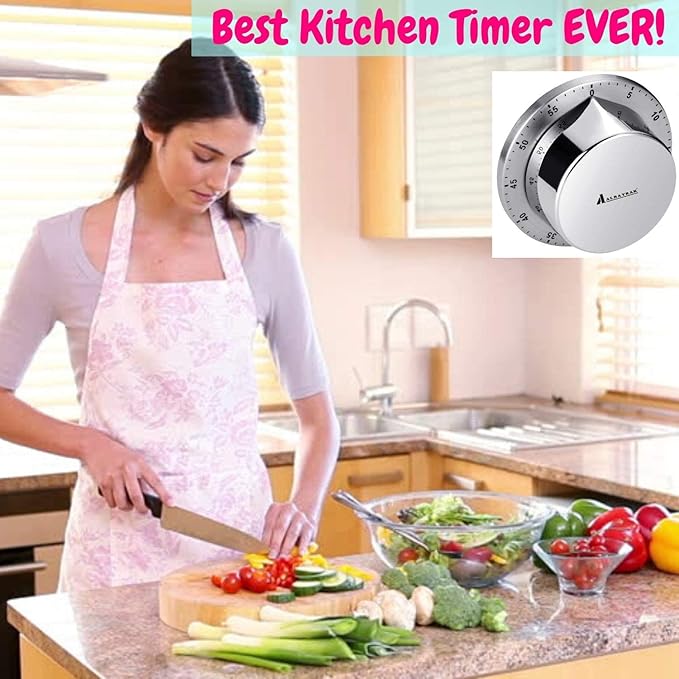 Kitchen Timer, Chef Cooking Timer Clock with Loud Alarm, No Batteries Required, 100% Mechanical - Magnetic Backing, Exquisite Stainless Steel Body - Countdown Reminder - Silver 1Pack