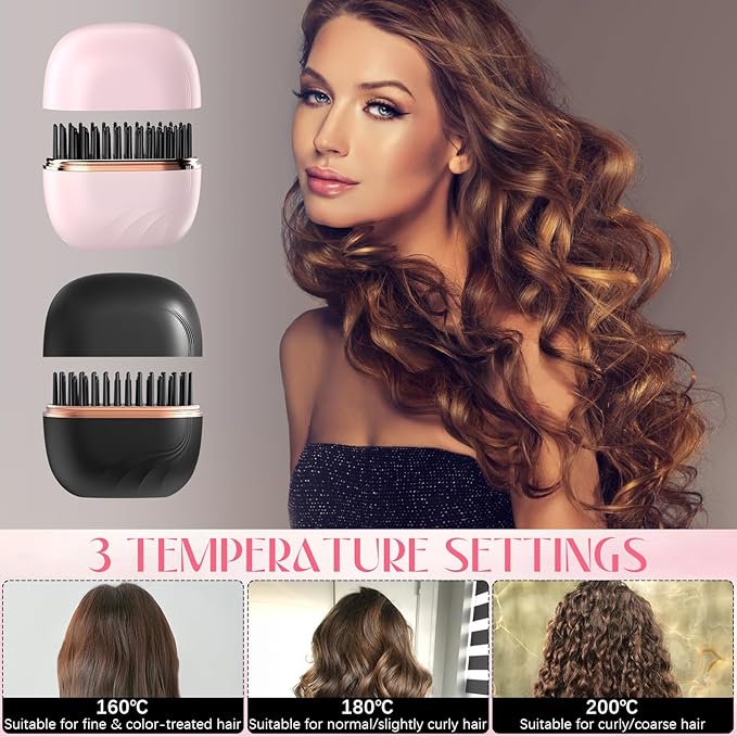 Mini Straightener, Rechargeable Portable Hair Straightener Brush, 3-Speed Temperature Control, Anti-Scald Shell, Lightweight & Portable Travel (Pink)