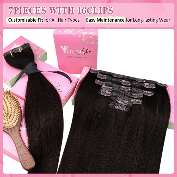 YoungSee Brown Clip in Human Hair Extensions Darkest Brown Clip on Hair Extensions Human Hair Dark Hair Extensions Clip ins for Natural Look 18Inch 120G 7Pcs