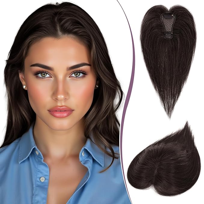 RUWISS Hair Toppers for Women Real Human Hair Lightweight Clip in Hair Piece for Thinning Hair Fluffy Straight Hair Topper without Bangs, Dark Brown