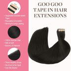 GOO GOO Tape in Hair Extensions Human Hair, 1B Natural black, 16inch 25g 10pcs, Skin Weft Seamless Invisible, Silky Straight with Thick Ends, Remy Human Hair