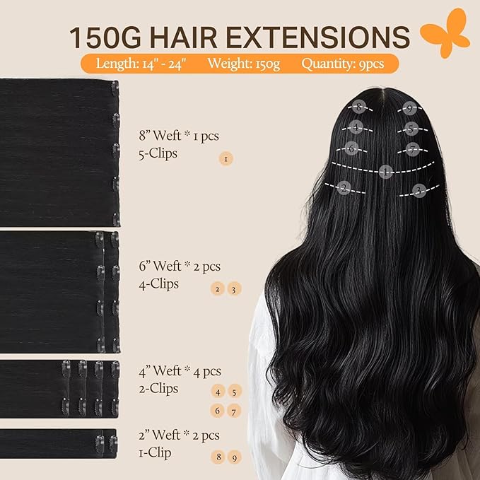 DOORES Hair Extensions Real Human Hair, Jet Black 150g 9pcs 18 Inch, Clip in Hair Extensions Real Human Hair Extensions Human Hair Natural Extensions for Women Clip in Straight Thick Hair Extensions