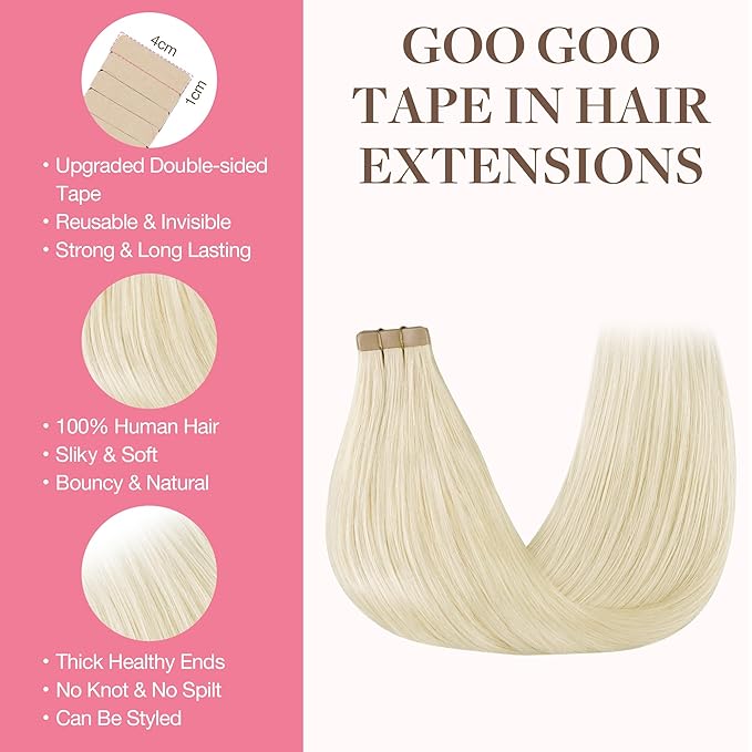GOO GOO Tape in Hair Extensions Human Hair, 1000 Pure Platinum Blonde, 16inch 50g 20pcs, Skin Weft Seamless Invisible, Silky Straight with Thick Ends, Remy Human Hair