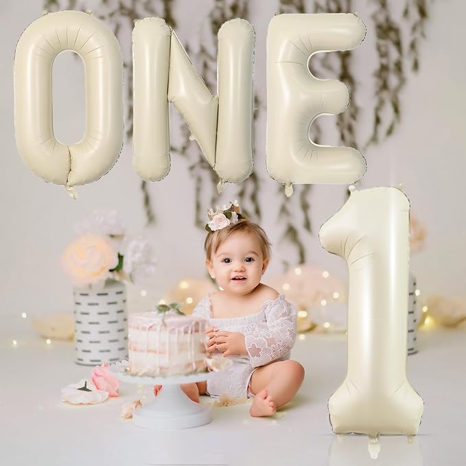 Cream Letter ONE Balloons, 40 Inch Number 1 Balloon Beige - Image 3