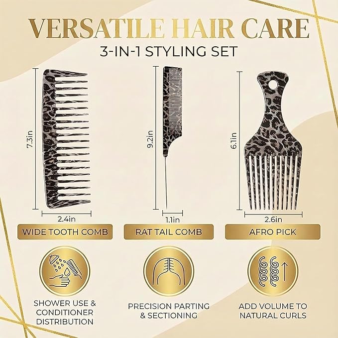 Wide Tooth Comb, Rat Tail Comb & Afro Pick Set, 3 Pcs Leopard Print Detangling Hair Combs for Curly Hair Wet Hair & Styling Professional Parting & Volumizing Tools for Women & Men