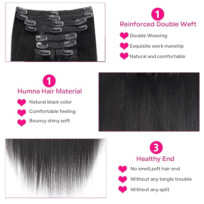 Yaki Straight Clip in Hair Extensions Real Human Hair 8Pcs Remy Human hair Clip ins for Women, Natural Soft Human Hair 120g 24inch #1B Natural Black