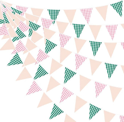 32Ft Pink Green Gingham Camp Bride Banner Green Pink Plaid Checkered Fabric by pinkblume
