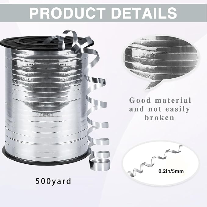 500 Yards Curling Ribbon, 1/5 Inch Shiny Silver Ribbon, Balloon String - Image 2