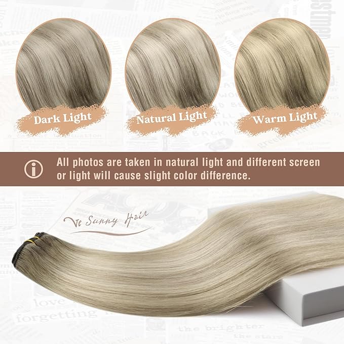 Ve Sunny Clip in Hair Extensions Balayage Remy Human Hair Clip in Extensions Full Head Ash Grey Ombre Platinum Blonde Straight Real Hair Extensions for Women 7pcs 120g 16 inch