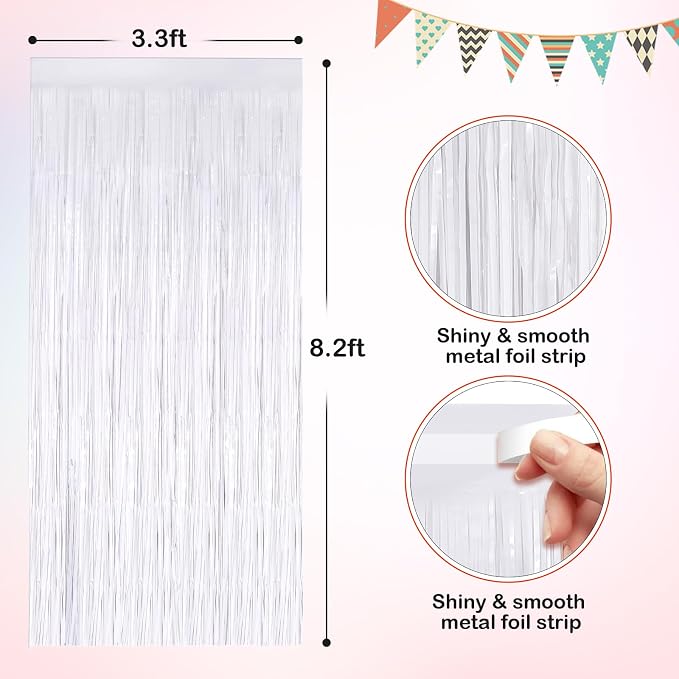 White Metallic Tinsel Foil Fringe Curtains, 2 Pack 3.3x8.3 Feet Streamer - Image 2