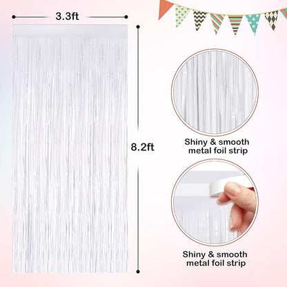 White Metallic Tinsel Foil Fringe Curtains, 2 Pack 3.3x8.3 Feet Streamer - Image 2