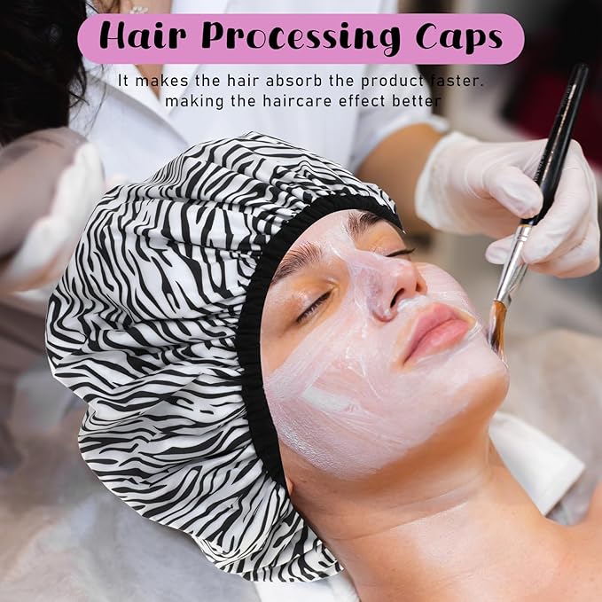 2 Pcs Double Layer Deep Conditioning Cap, Aluminum Foil Hair Heat Cap Reusable Shower Caps Steam Caps for Hair Treatments Home and Salon Use(Pink+Striped)