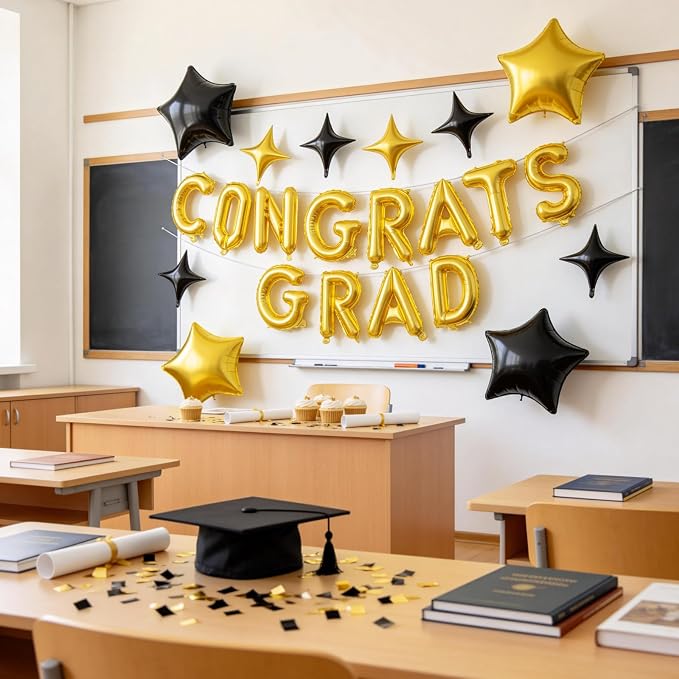 Congrats Grad Balloons, 16 Inch Black Gold Congrats Grad Letters Banner Balloons - Image 4