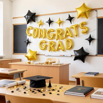 Congrats Grad Balloons, 16 Inch Black Gold Congrats Grad Letters Banner Balloons - Image 4