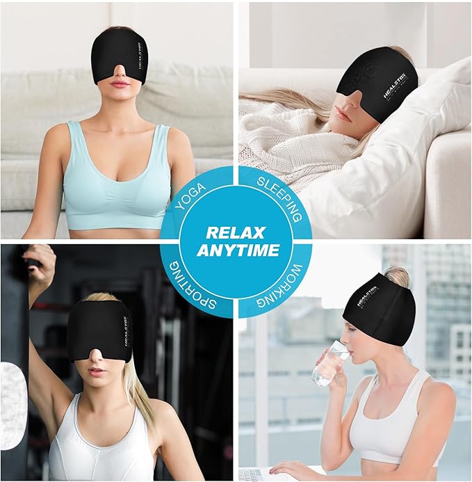 Cold Hat, Ice Cap, Ice Head Wrap, Cold & Hot Therapy Reusable 360 Compression Flexible Ice Pack Head Wrap, Cold Head Park Wrap. Black