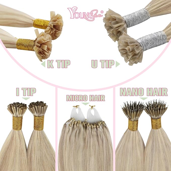 YoungSee Keratin Tip Hair Extensions Human Hair Blonde 24 Inch K Tip Hair Extensions Long Ktips Hair Extensions Human Hair Blonde Highlight Invisible Keratin Bond Hair Extensions Remy 50g #18/613