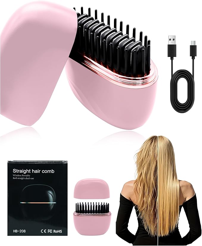 Mini Hair Straightener, Rechargeable Cordless Portable Hair Straighteners, 3-Speed Temperature Travel Hair Straightener for Women Home &Travel (Pink)