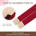 GOO GOO Tape in Hair Extensions Human Hair, Red, 20inch 30g 10pcs, Colored Tape ins Human Hair Extensions, Silky&Soft Invisible Tape Ins, Hair Highlighted for Party