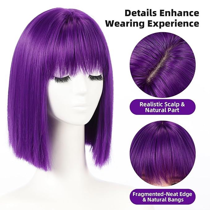Allbell Deep Purple Wigs for Women Short Bob with Bangs Heat Resistant Synthetic Hair 12 inch for Daily Party Halloween Costume Use