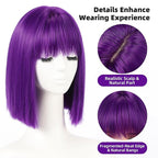 Allbell Deep Purple Wigs for Women Short Bob with Bangs Heat Resistant Synthetic Hair 12 inch for Daily Party Halloween Costume Use