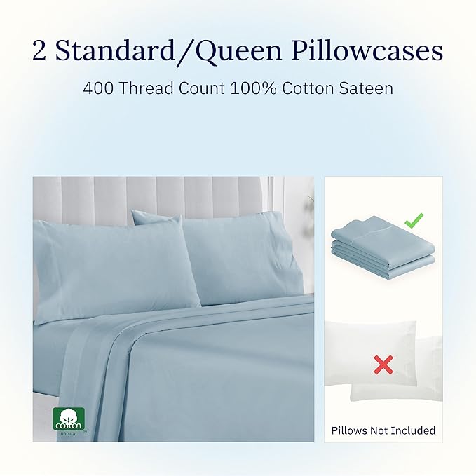 California Design Den Standard Queen Size Pillowcase Set - 400 Thread Count, 100% Cotton Sateen, Set of 2 Pillow Covers, Soft and Breathable - Sky Blue