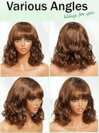 KLAIYI Brown Bob Wig Human Hair with Bangs Loose Body Wave Glueless 4x2 HD Transparent Lace Closure Chestnut Chocolate Brown with Highlight Blonde Ready to Wear and Go Beginner Wigs Pre Plucked 10Inch