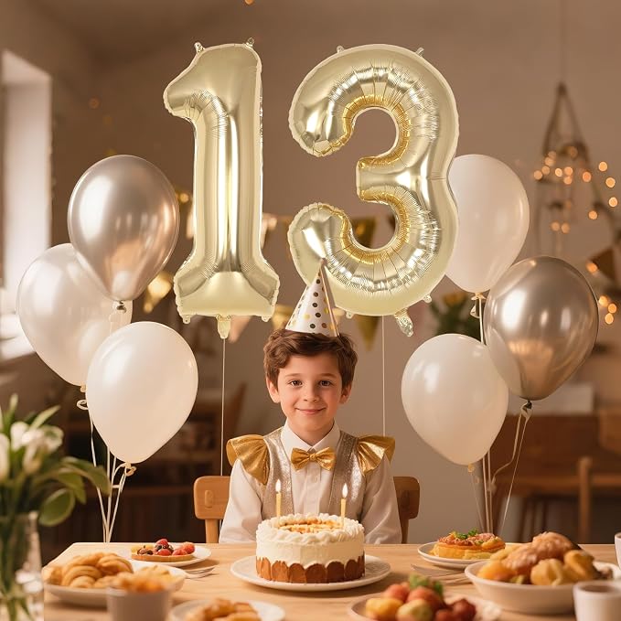 Champagne Large Number 13 Balloon, 40 Inch Light Gold Foil Helium Number - Image 4
