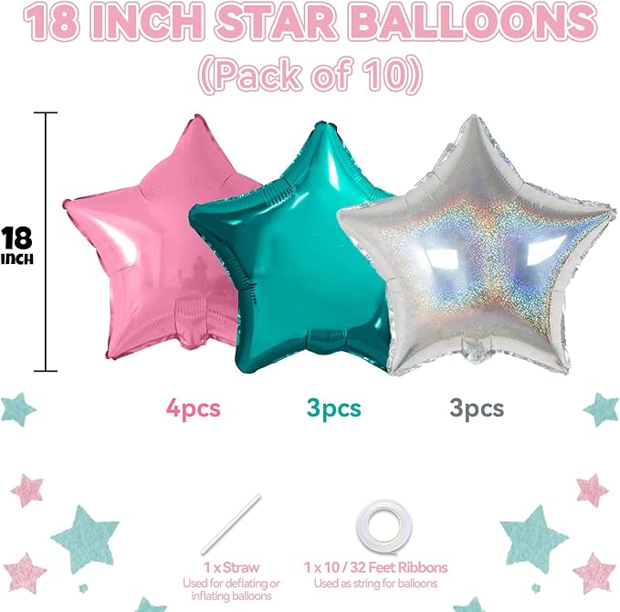 Pink and Teal Blue Star Foil Balloons, 18 Inch Metallic Turquoise Stars - Image 2