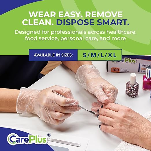 CARE PLUS Latex-Free Vinyl Gloves Clear Small Size 100 Count | Heavy Duty, Non-Sterile, Powder-Free, Rubber | Food Prep, Kitchen & Cleaning Gloves, Ideal for Professional Use