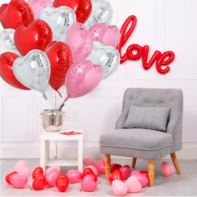 TONIFUL 30 Pcs 18 Inch Red Silver Pink Heart Shape Foil Mylar Balloons | Helium - Image 4