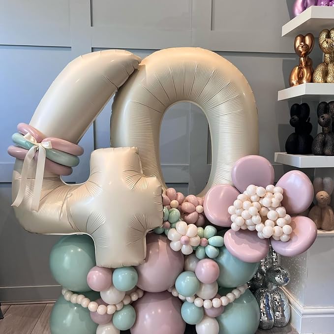 40 Inch Large Cream Numbers Balloons 0-9, Self Inflating White Sand Foil Number - Image 4