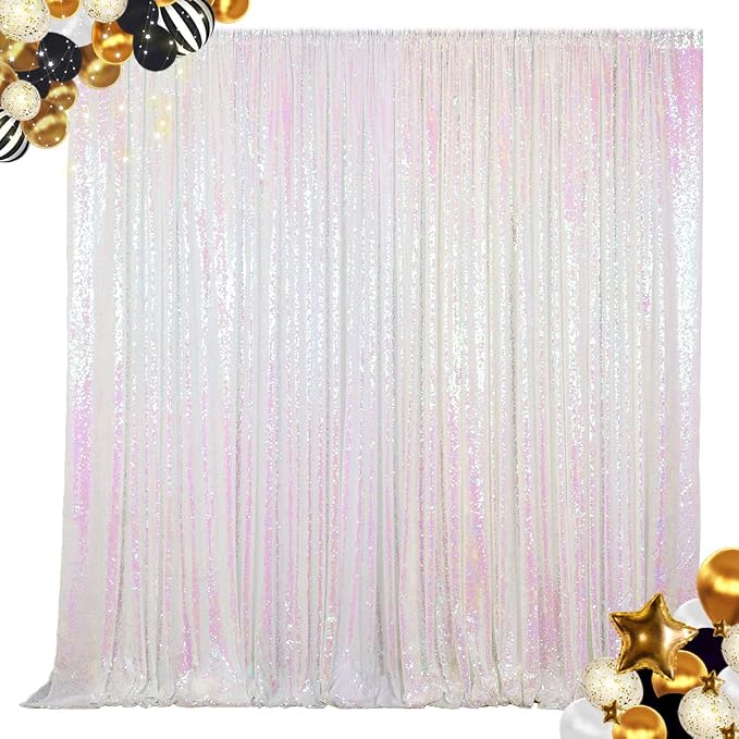 ShinyBeauty Sequin Backdrop 7FTx7FT Iridescent White Shimmer Wall Drapes by ShinyBeauty