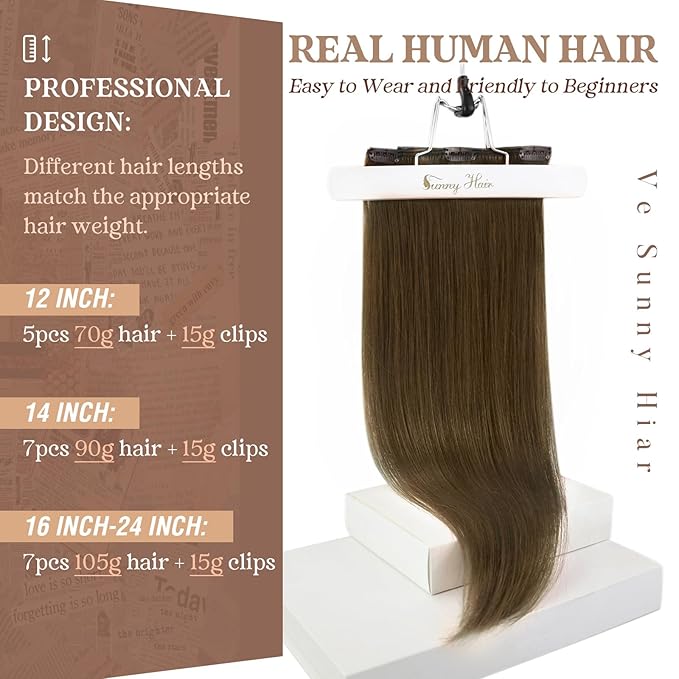 Ve Sunny Brown Hair Extensions Clip in Real Human Hair 20 inch Double Weft Remy Straight Human Hair Extensions Clip ins for Women 7pcs 120g
