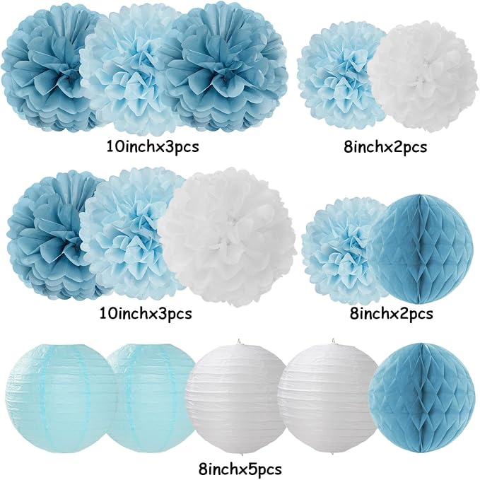 Dusty-Blue White Party-Decorations Paper-Flowers Lanterns - Image 6