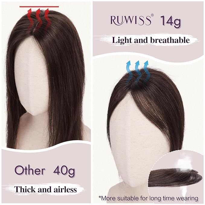 RUWISS Hair Toppers for Women Real Human Hair Lightweight Clip in Hair Piece for Thinning Hair Fluffy Straight Hair Topper without Bangs, Dark Brown