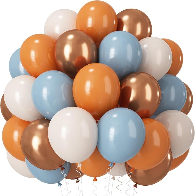 Orange and Blue Balloons, Retro Burnt Orange terracotta Dusty Blue White by Paeyeq