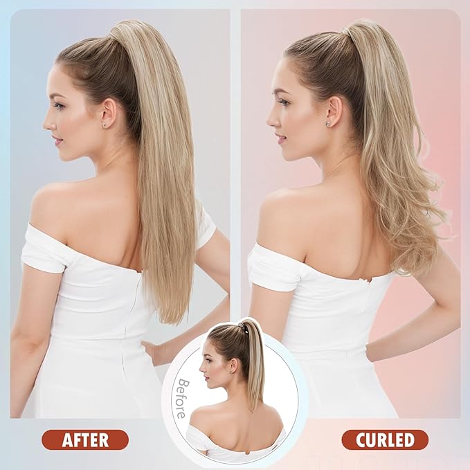 Hairro Claw Clip Ponytail Human Hair Extensions Jaw On Ponytails Remy Long Straight Jaw/Claw Clips Pony Tail Hairpieces For Women 20 Inch 120g #18P613 Ash Blonde Mix Bleach Blonde
