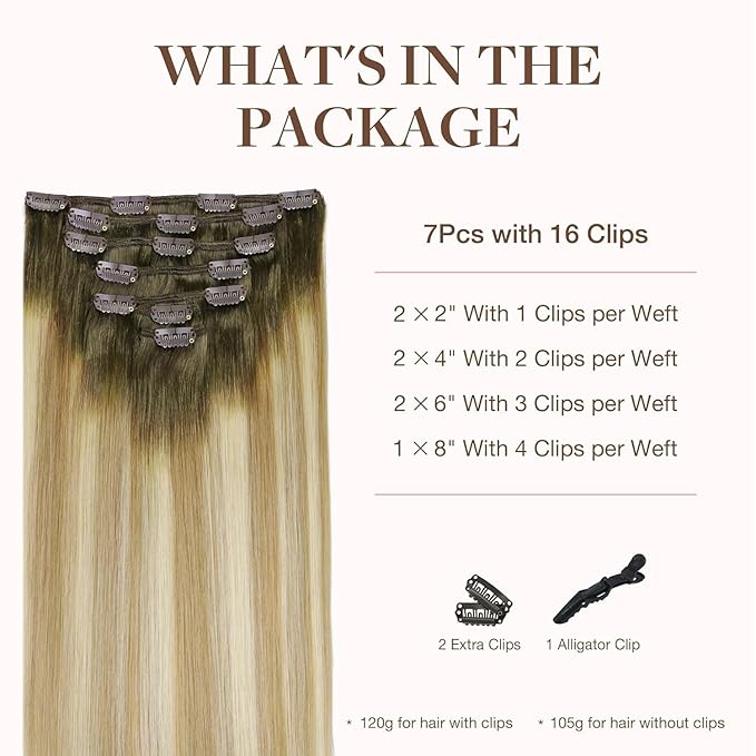 GOO GOO Clip in Hair Extensions Real Human Hair, Remy Human Hair Extensions Clip ins for Women, Natural Human Hair, 18inch 120g 7Pcs, 5A/90/16F Bahamian Balayage