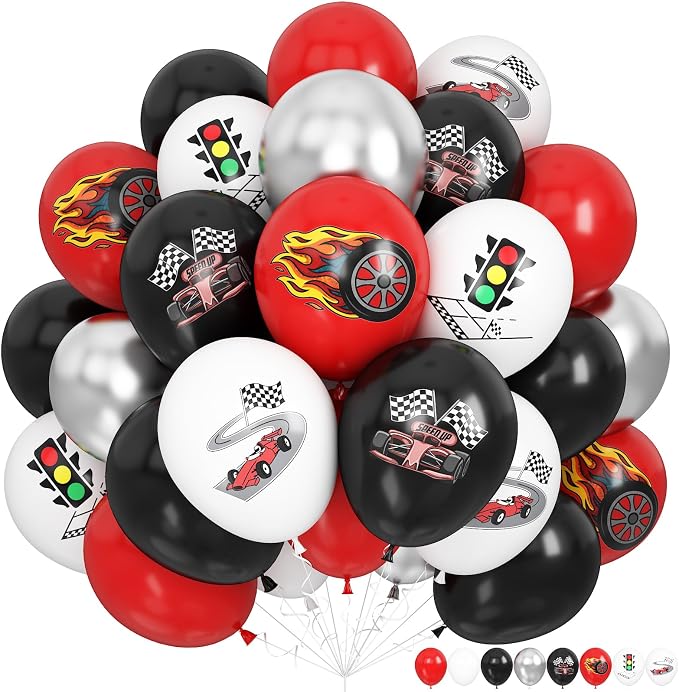 Race Car Balloons, 12 Inch Racing Car Latex Balloon | Red Black White Print by KEPMOV