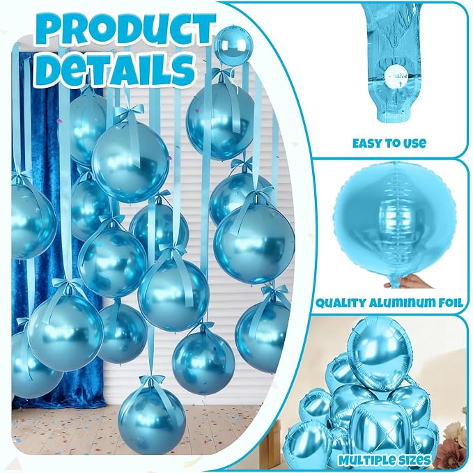 12Pcs Light Blue Round Balloons Foil, Big Metallic Blue Balloons - Image 4