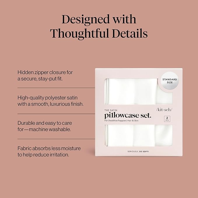 Kitsch Satin Pillowcase with Zipper for Hair & Skin, Softer Than Silk Pillow Cases Queen Size Set of 2, Wrinkle-Free, Smooth and Cooling Satin Pillow Covers, Standard Size 19"x26" - Ivory, 2pcs