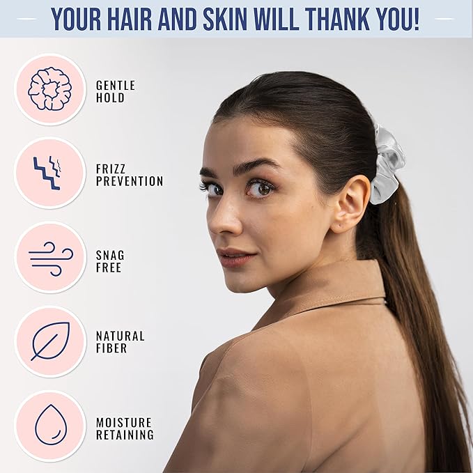 Blissy Silk Scrunchies (3 Pack) - 100% Pure Mulberry Silk - 22 Momme 6A High-Grade Fibers Scrunchie for Straight & Curly Hair - Preventing Breakage, Tangling, & Creasing (Silver Skinny)