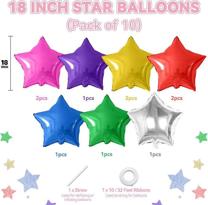 Biapian Colorful Star Foil Balloons, 18 Inch Multicolor Stars Balloons Aluminum - Image 2