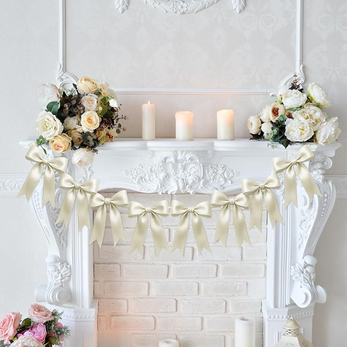 2 Strings of 16PCS Ivory White Bow Garland Banner Decoration, Pre-Strung Satin - Image 8