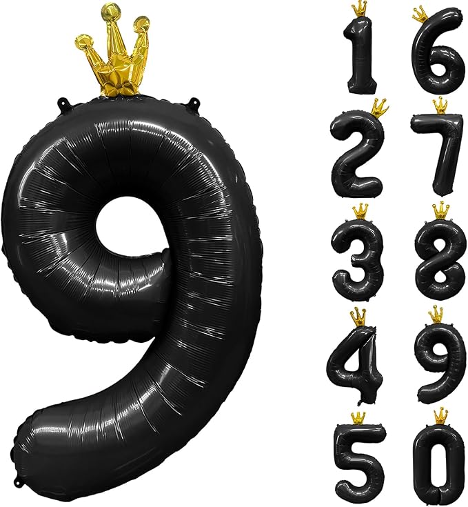 Black Number 9 Balloon with Crown, 40 inch Black Number Balloon 9th Birthday by Yeodong
