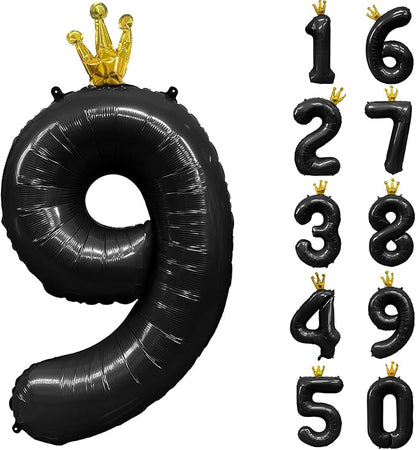 Black Number 9 Balloon with Crown, 40 inch Black Number Balloon 9th Birthday by Yeodong