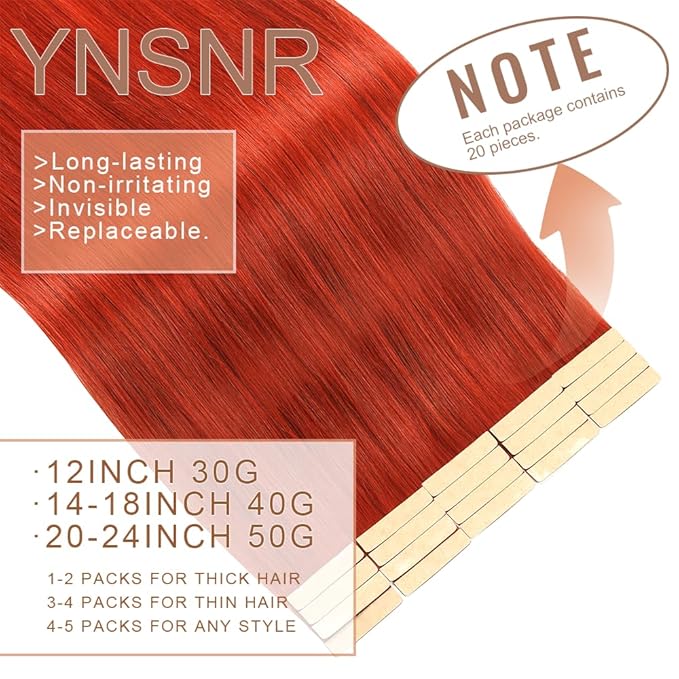 Tape in Hair Extensions, 14 Inch Human Hair, 20pcs Copper Red, Tape Ins, Real Human Hair